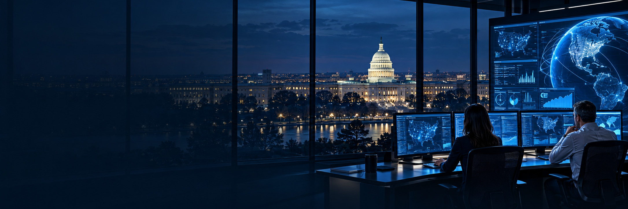 Illustrative mission operations room with human analysts overseeing digital systems